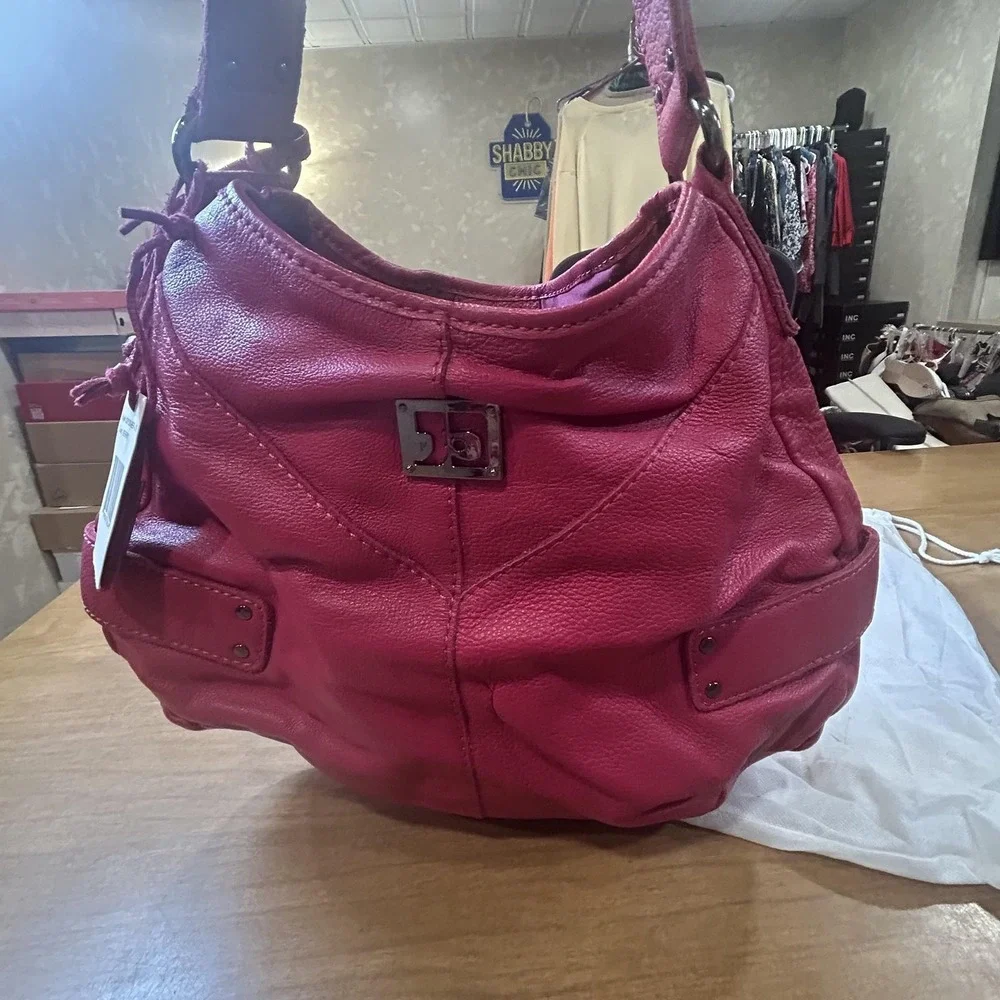 Joe's Hobo Bag Womens Large Raspberry Leather Studded Shoulder Purse Dust Bag